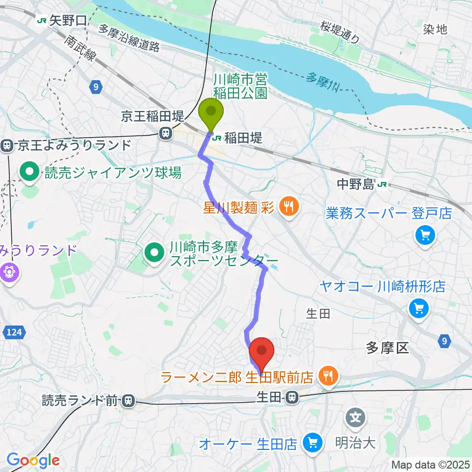 稲田堤駅からフェリーチェミュージックスクールへのルートマップ地図