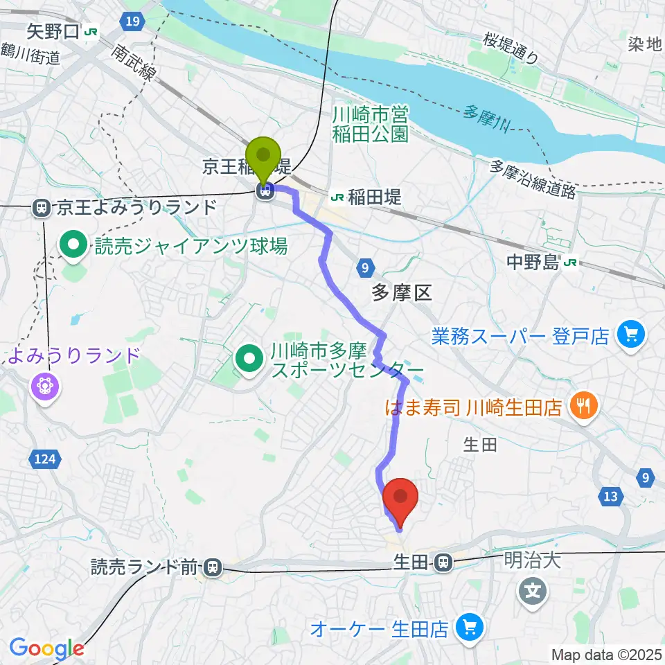 京王稲田堤駅からフェリーチェミュージックスクールへのルートマップ地図