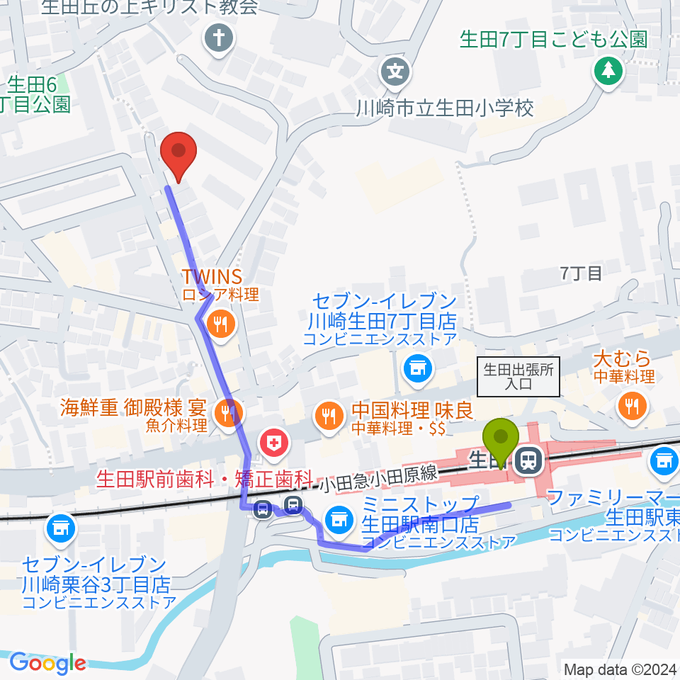 フェリーチェミュージックスクールの最寄駅生田駅からの徒歩ルート（約5分）地図