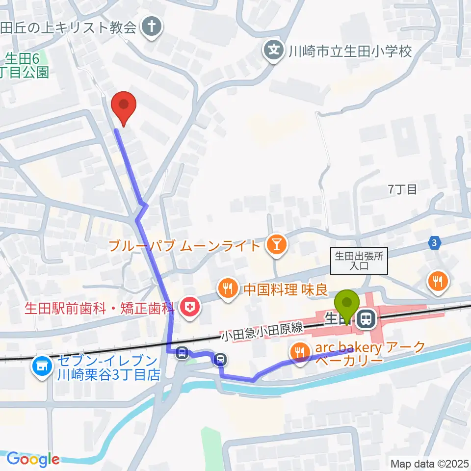 フェリーチェミュージックスクールの最寄駅生田駅からの徒歩ルート（約5分）地図
