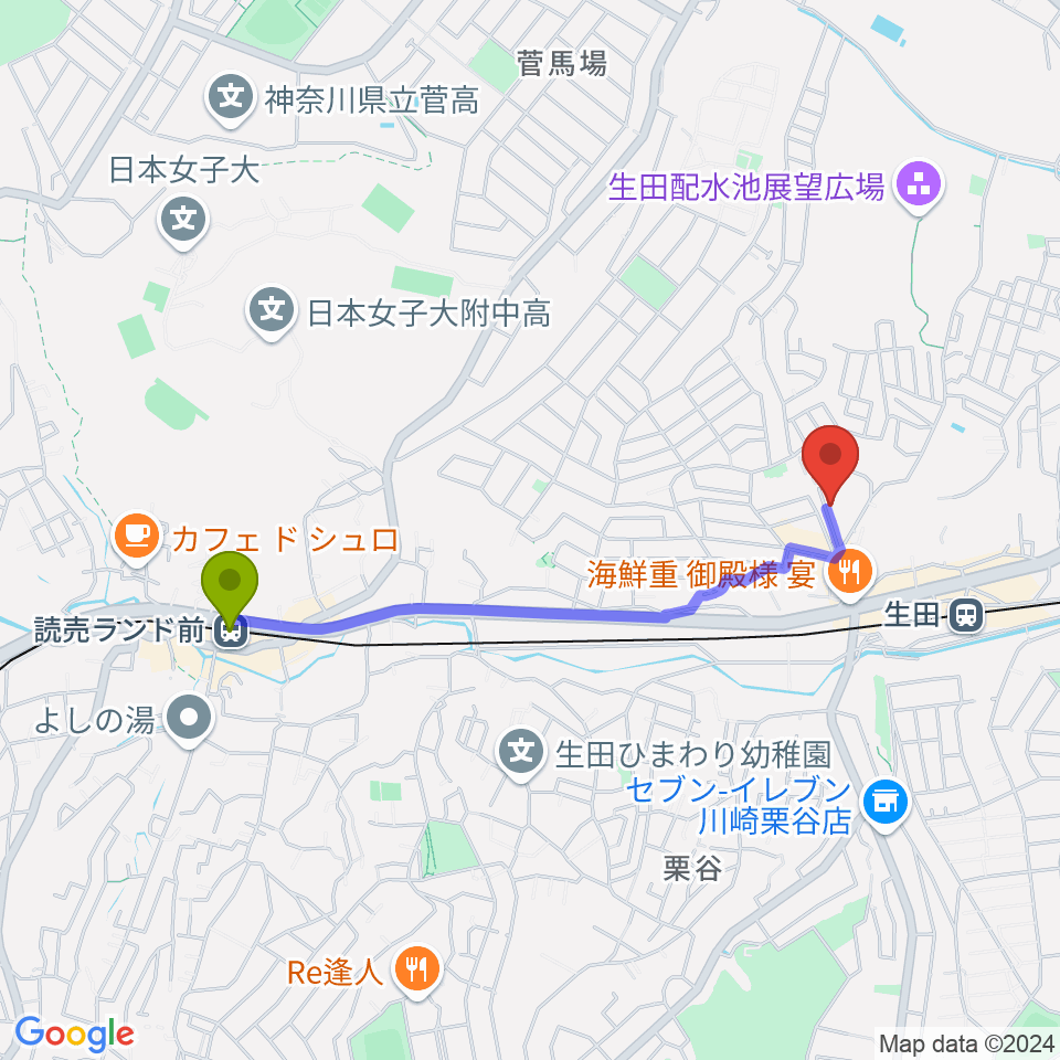 読売ランド前駅からフェリーチェミュージックスクールへのルートマップ地図
