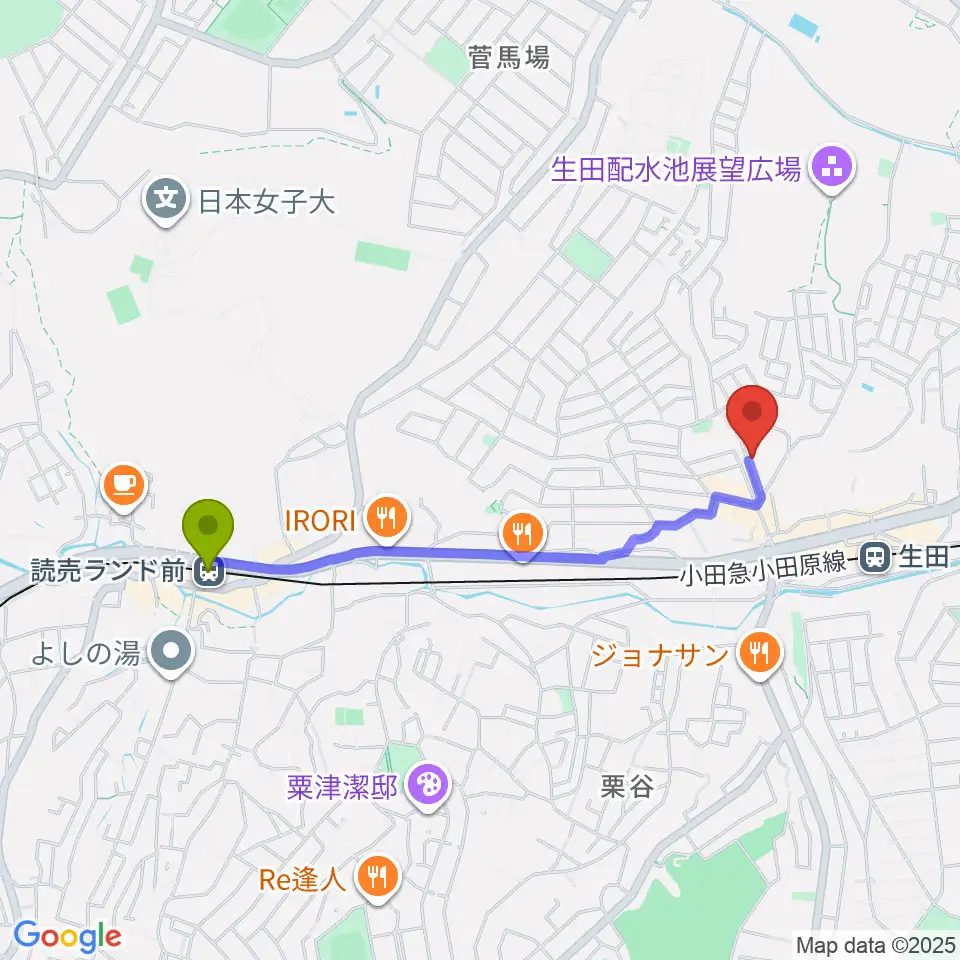 読売ランド前駅からフェリーチェミュージックスクールへのルートマップ地図
