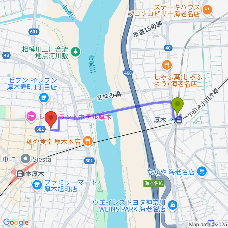 厚木駅からスタジオシールへのルートマップ地図