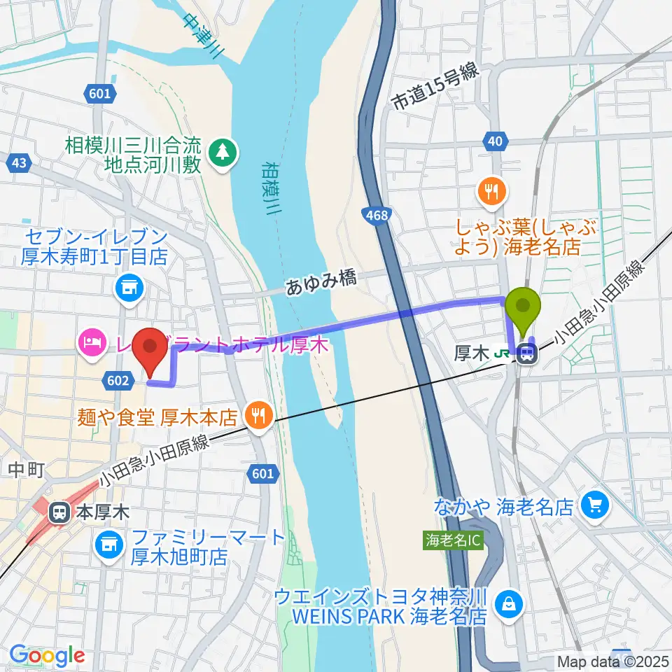 厚木駅からスタジオシールへのルートマップ地図