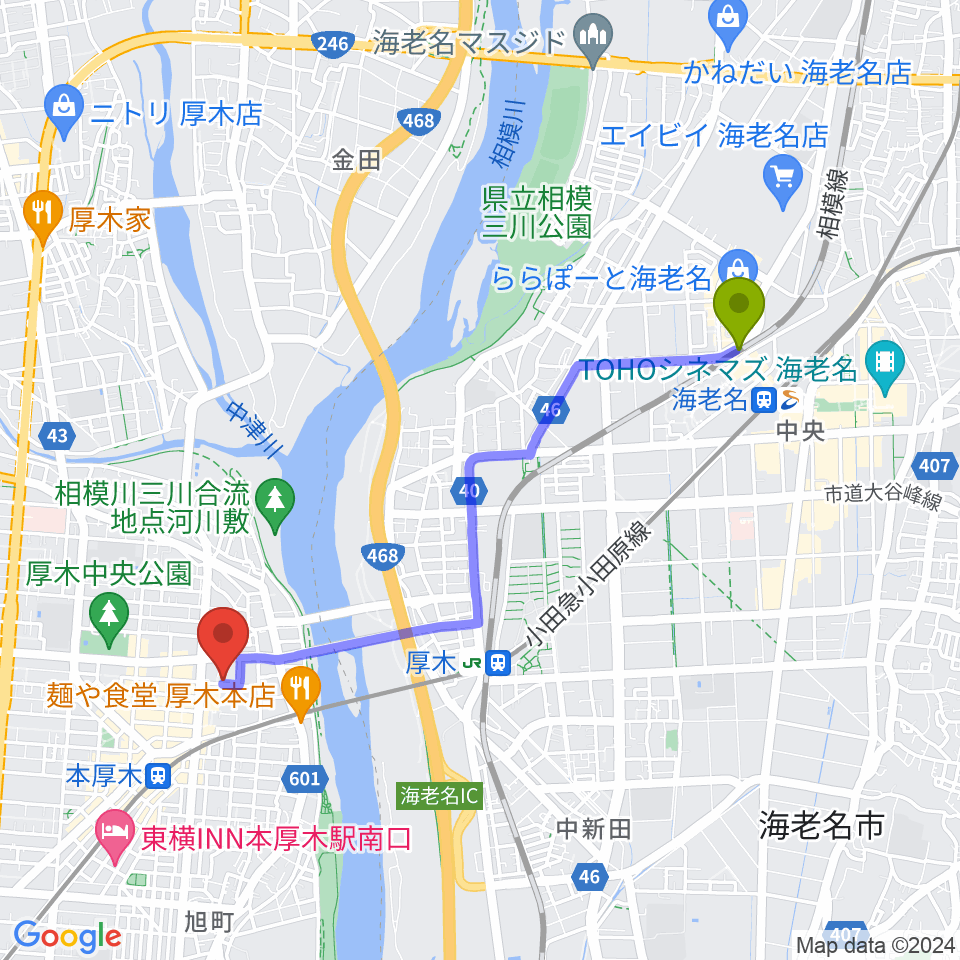 海老名駅からスタジオシールへのルートマップ地図