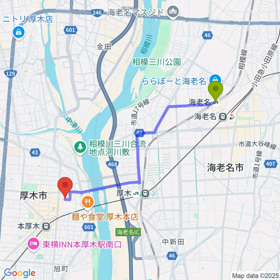 海老名駅からスタジオシールへのルートマップ地図