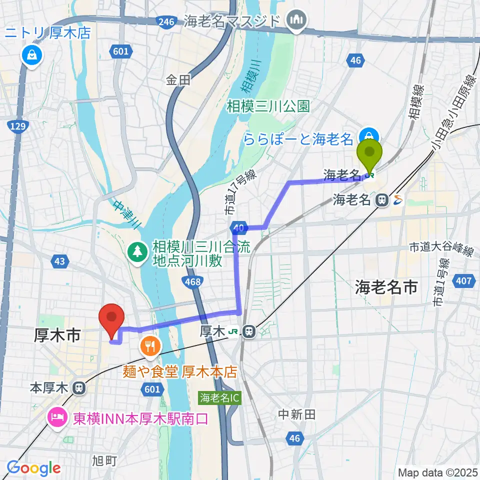 海老名駅からスタジオシールへのルートマップ地図