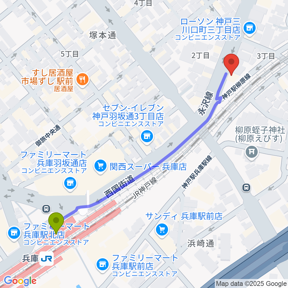 土田音楽教室の最寄駅兵庫駅からの徒歩ルート（約6分）地図