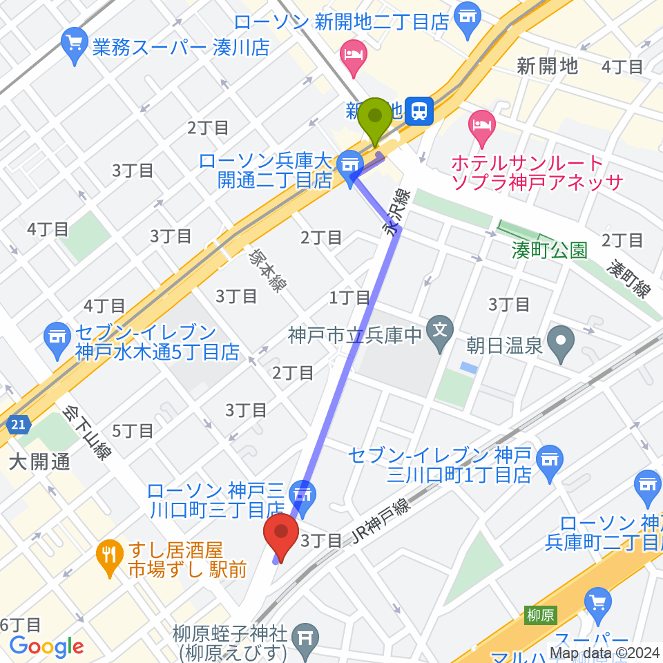 新開地駅から土田音楽教室へのルートマップ地図