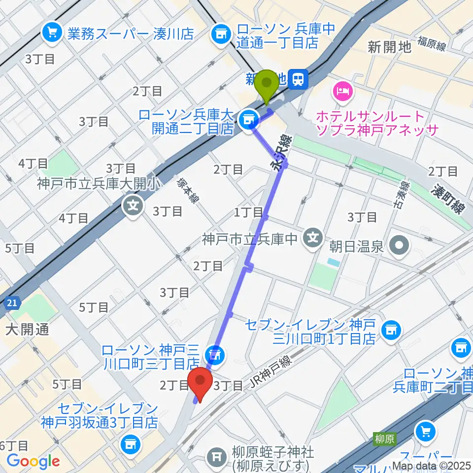 新開地駅から土田音楽教室へのルートマップ地図