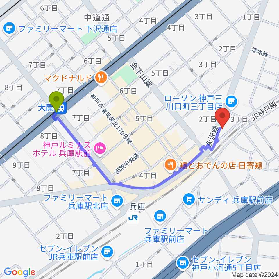 大開駅から土田音楽教室へのルートマップ地図