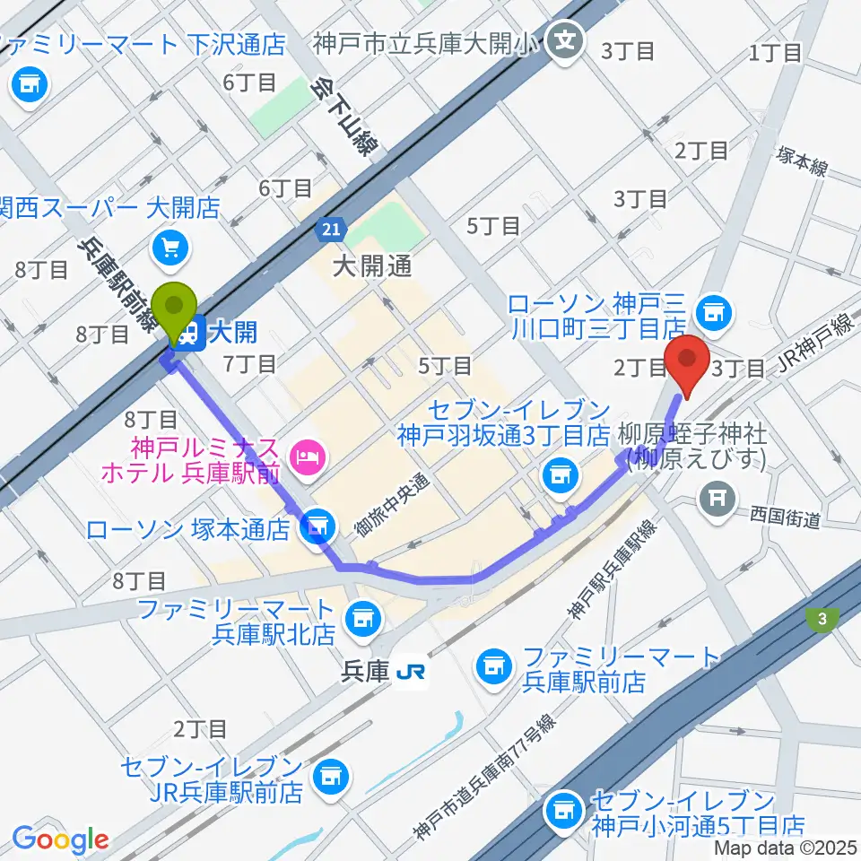 大開駅から土田音楽教室へのルートマップ地図