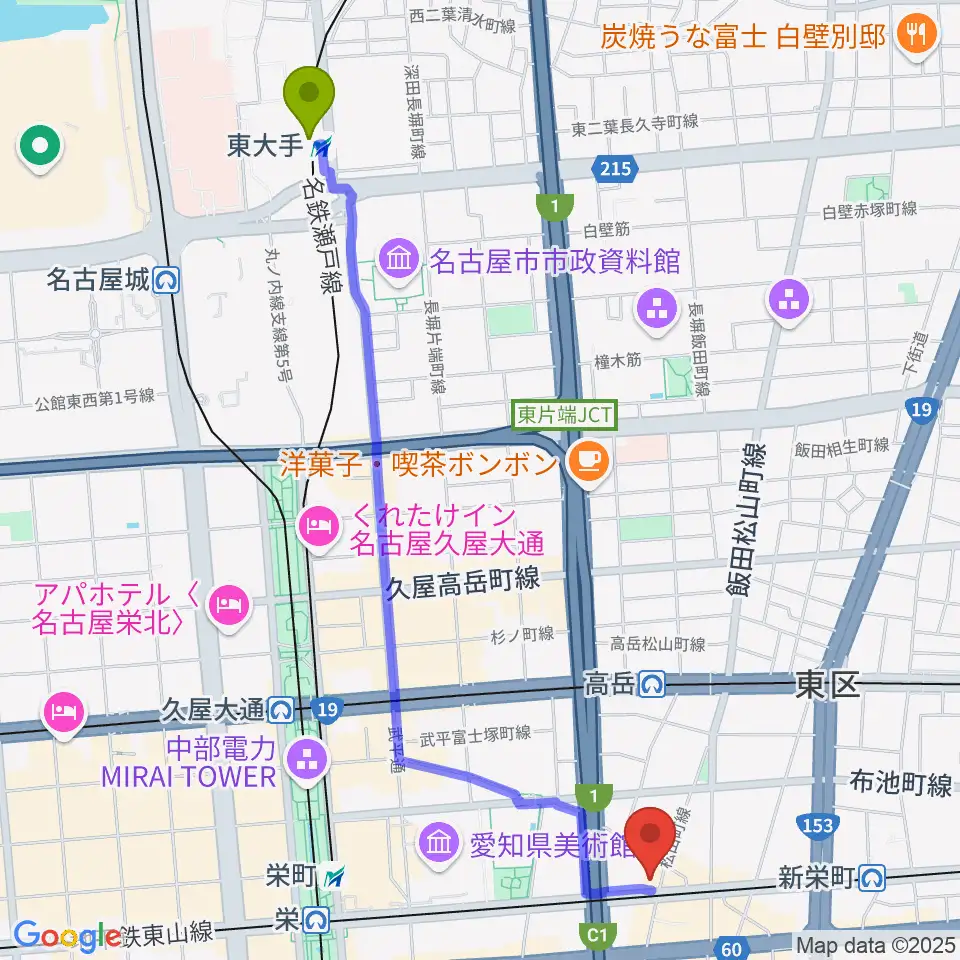 東大手駅からNancy 名古屋へのルートマップ地図