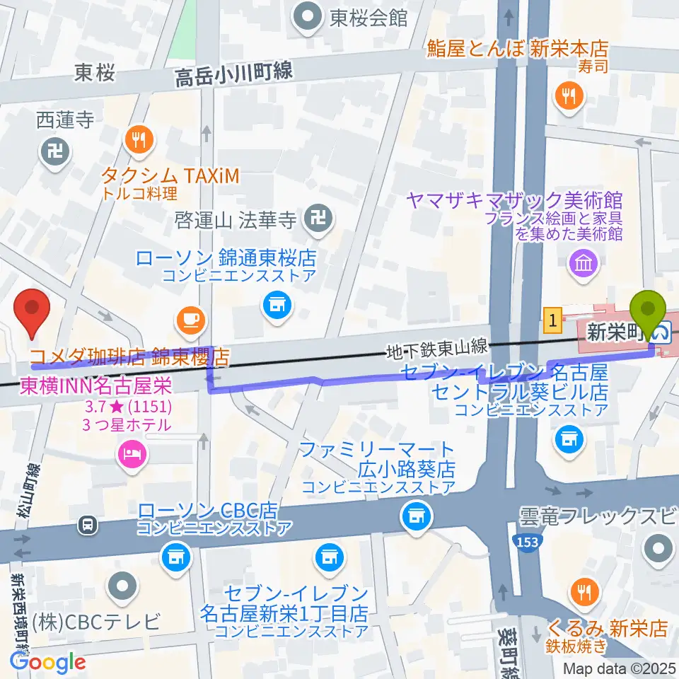 新栄町駅からNancy 名古屋へのルートマップ地図