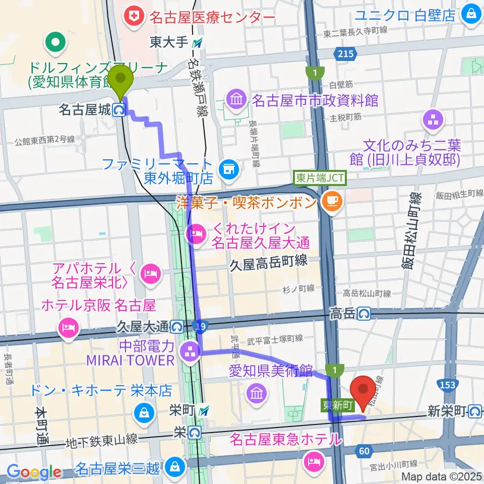 市役所駅からNancy 名古屋へのルートマップ地図