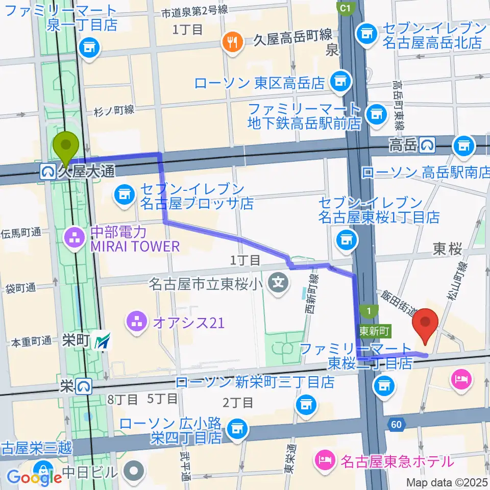 久屋大通駅からNancy 名古屋へのルートマップ地図