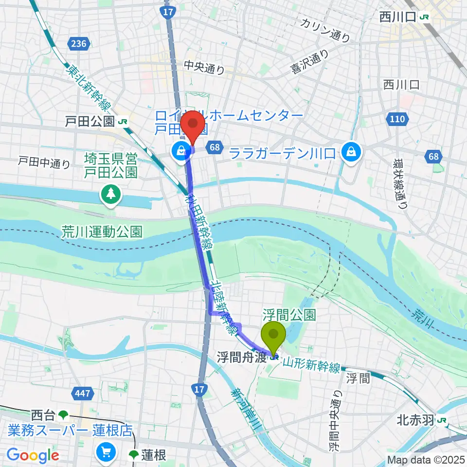 浮間舟渡駅からさくら音楽教室へのルートマップ地図