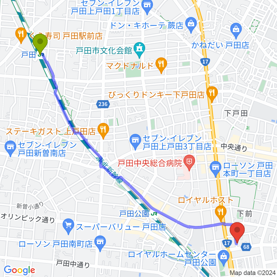 戸田駅からさくら音楽教室へのルートマップ地図