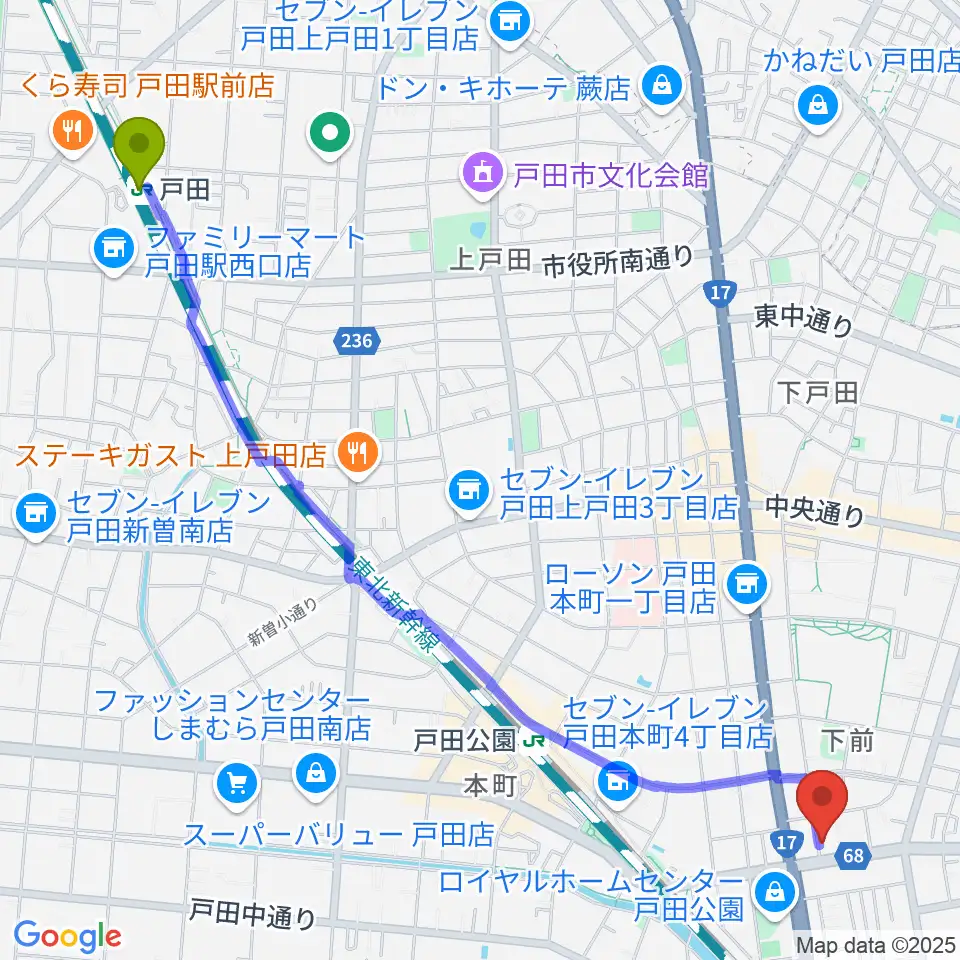 戸田駅からさくら音楽教室へのルートマップ地図