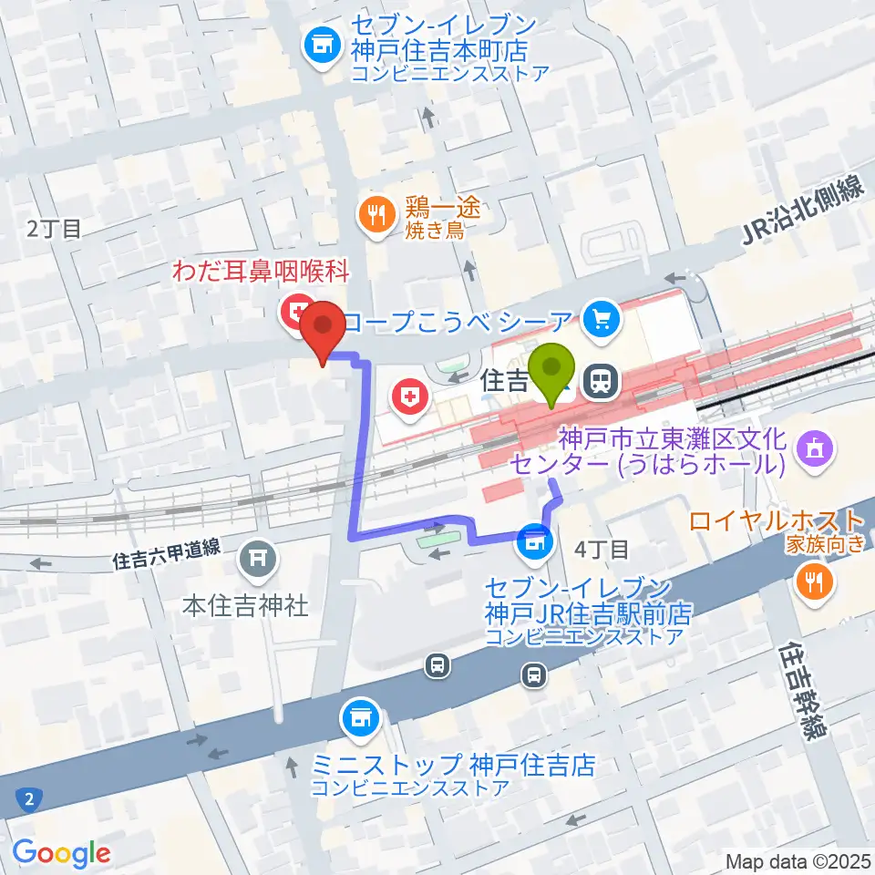 HS DREAMの最寄駅住吉駅からの徒歩ルート（約2分）地図