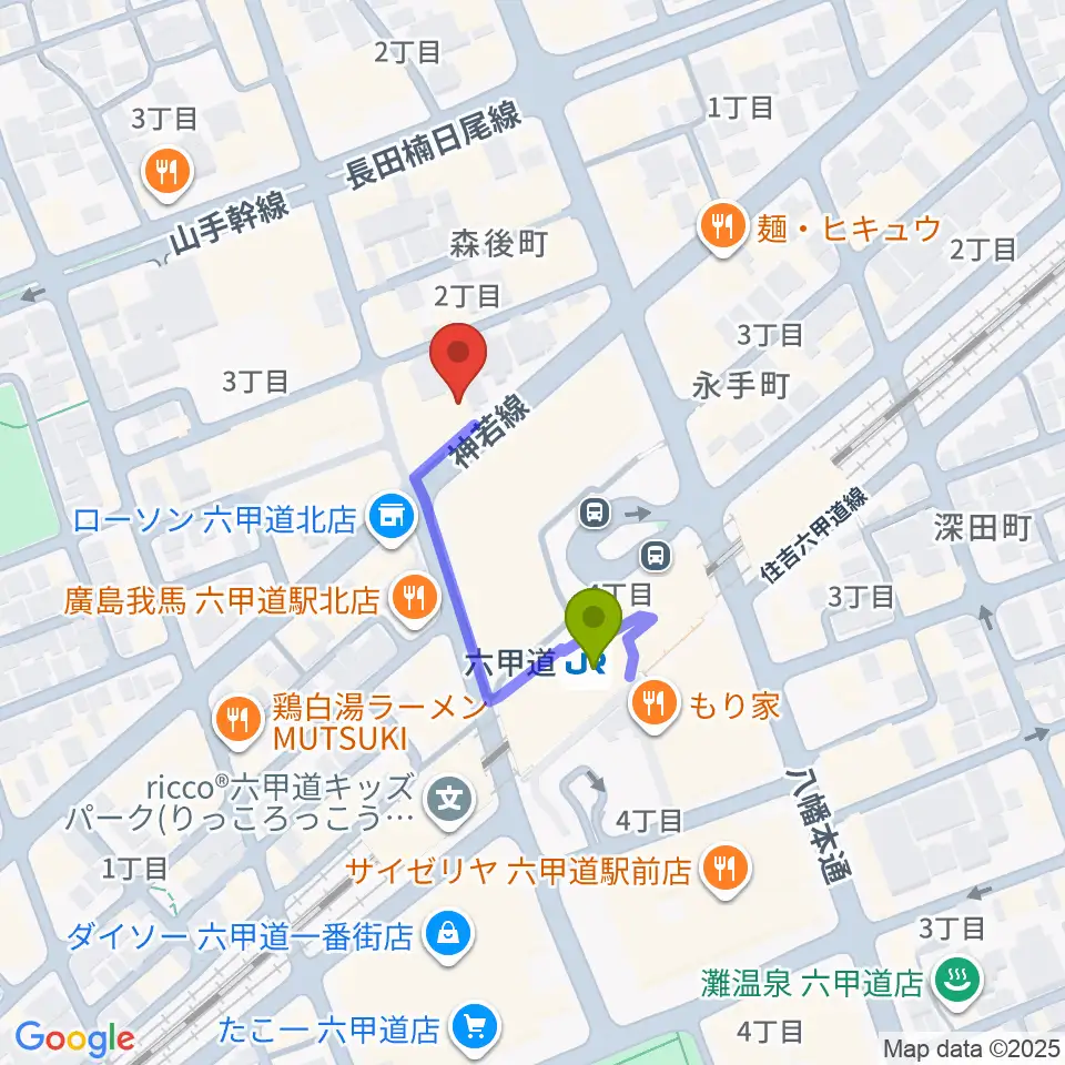 ボイストレーニング HS DREAMの最寄駅六甲道駅からの徒歩ルート（約2分）地図