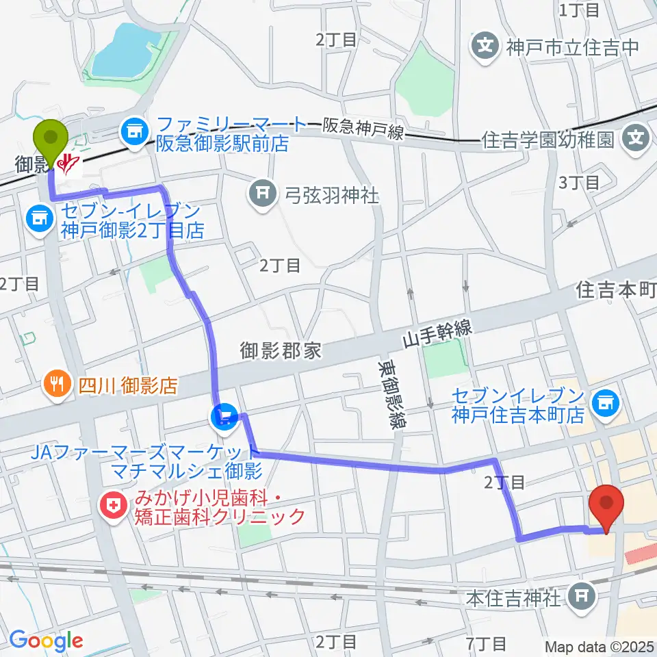 御影駅からHS DREAMへのルートマップ地図
