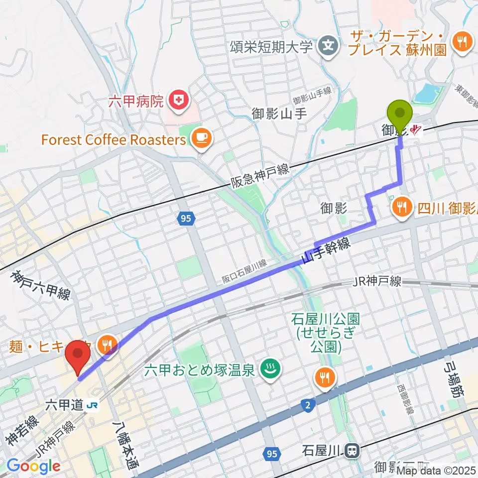 御影駅からボイストレーニング HS DREAMへのルートマップ地図