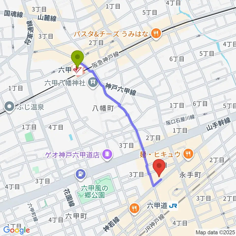 六甲駅からボイストレーニング HS DREAMへのルートマップ地図
