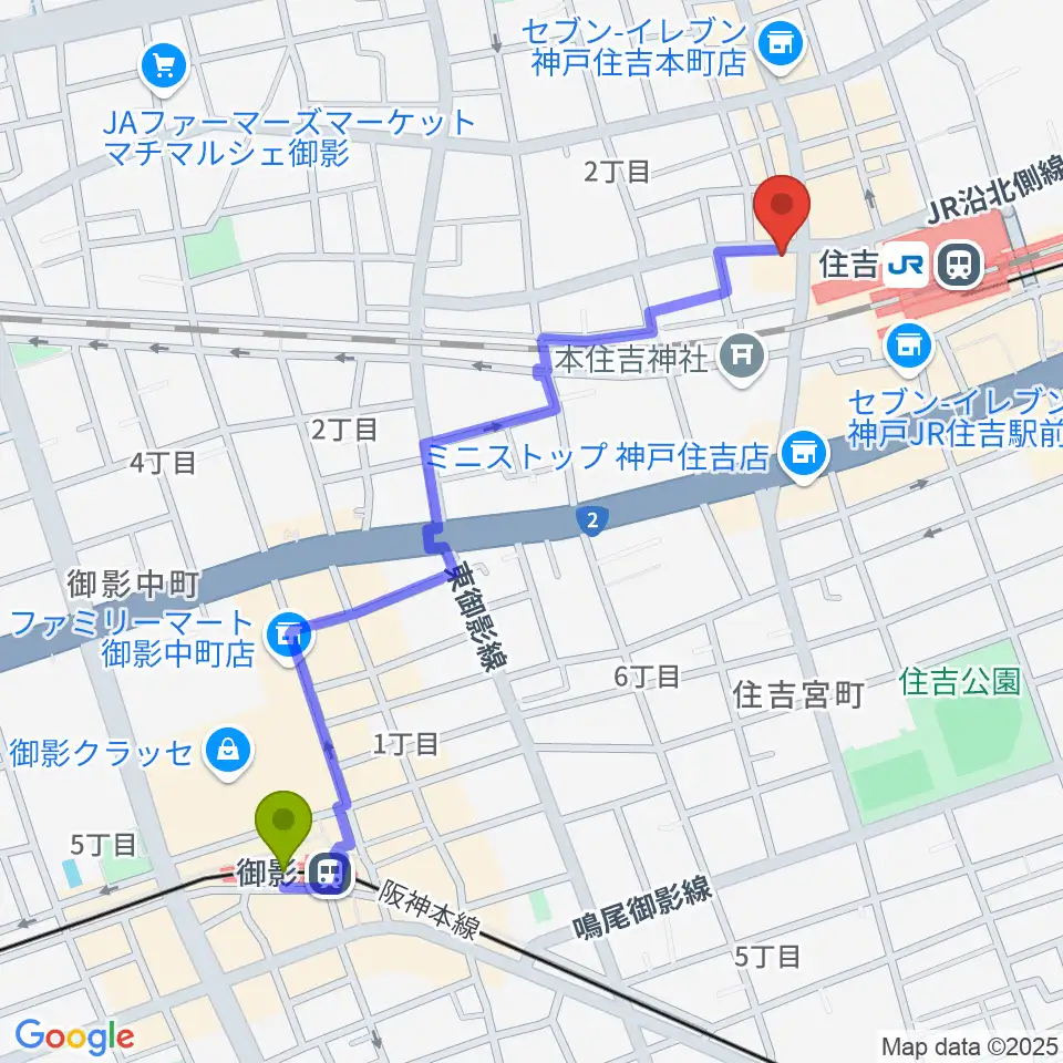 御影駅からHS DREAMへのルートマップ地図