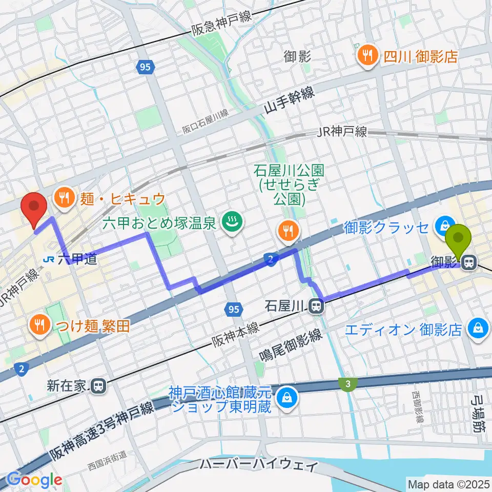 御影駅からボイストレーニング HS DREAMへのルートマップ地図