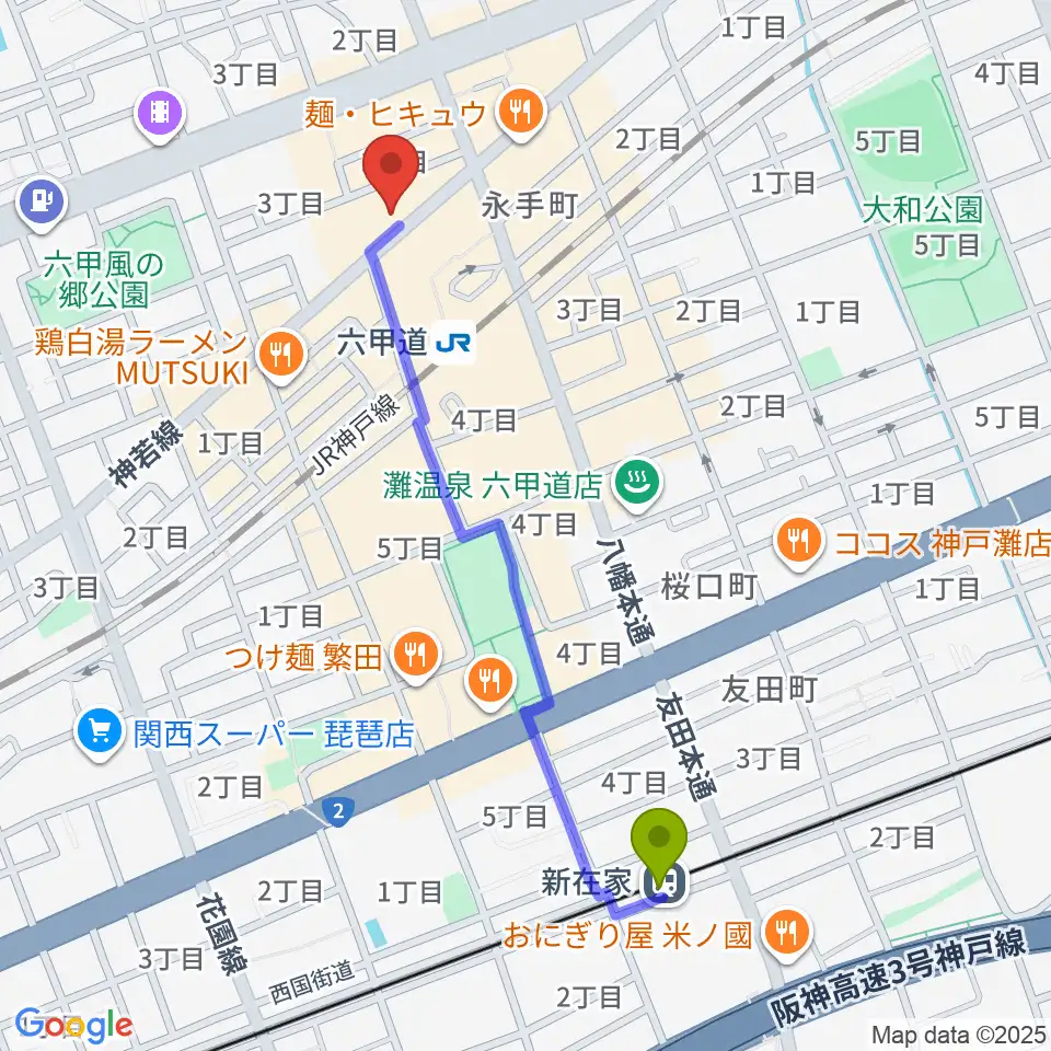 新在家駅からボイストレーニング HS DREAMへのルートマップ地図
