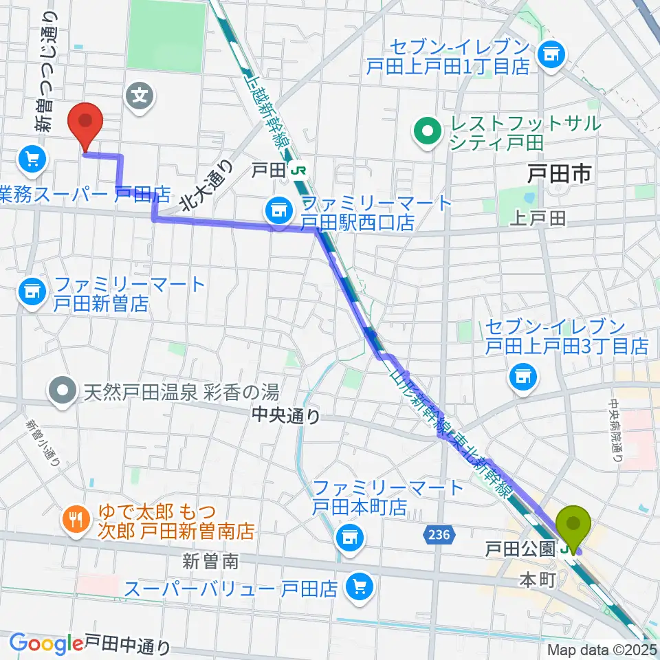 戸田公園駅からフィオーリ音楽教室へのルートマップ地図
