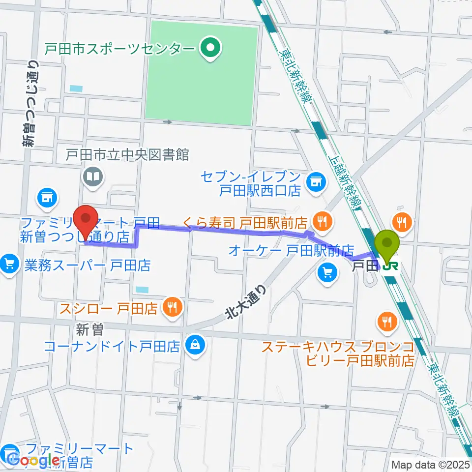 フィオーリ音楽教室の最寄駅戸田駅からの徒歩ルート（約10分）地図