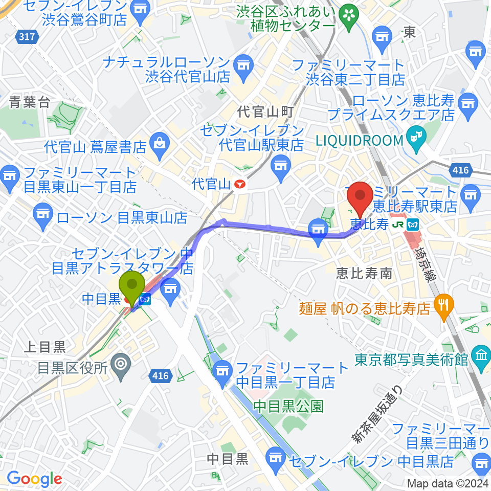中目黒駅からサイケデリズムへのルートマップ地図