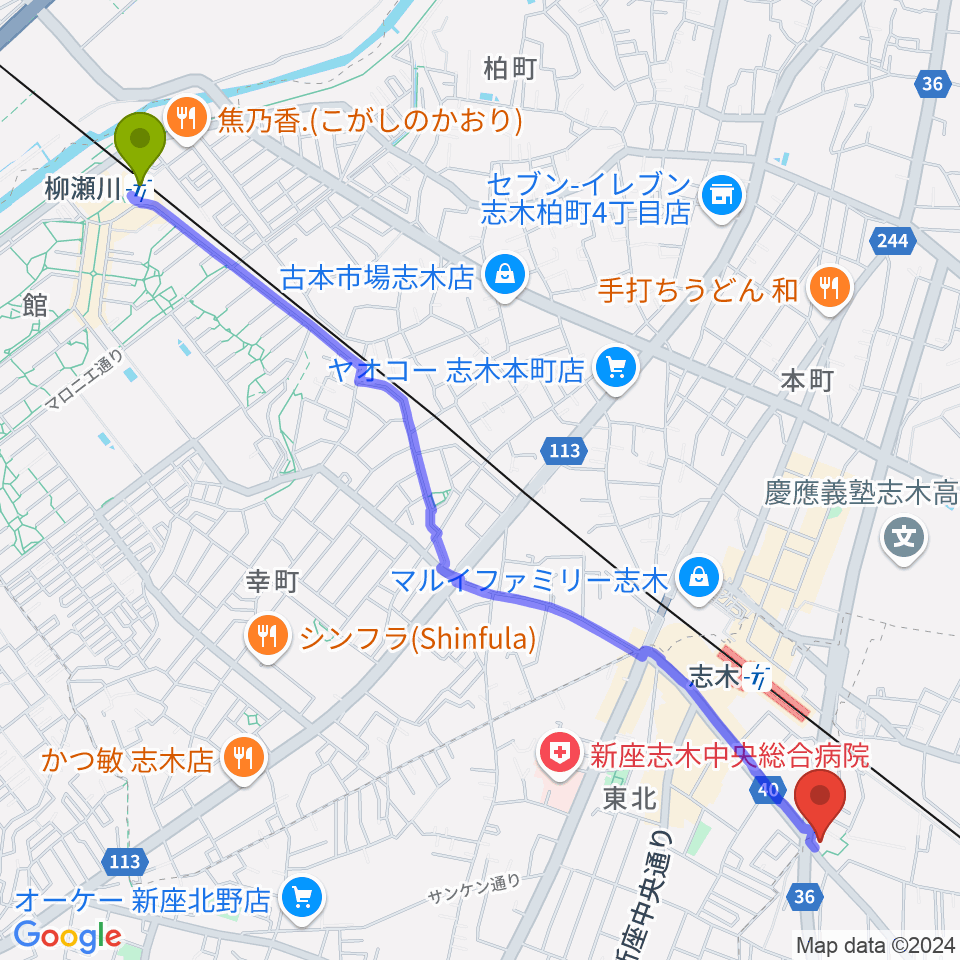 柳瀬川駅からMIYUKI音楽教室へのルートマップ地図