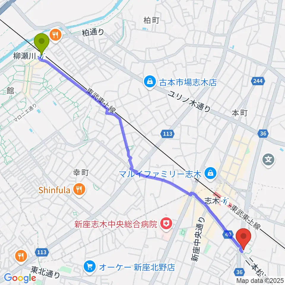 柳瀬川駅からMIYUKI音楽教室へのルートマップ地図