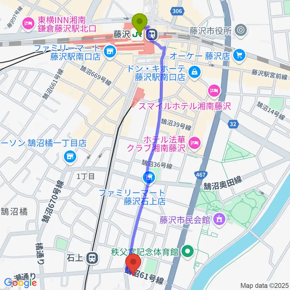 藤沢駅からスズキ・メソード音楽教室 湘南センターへのルートマップ地図