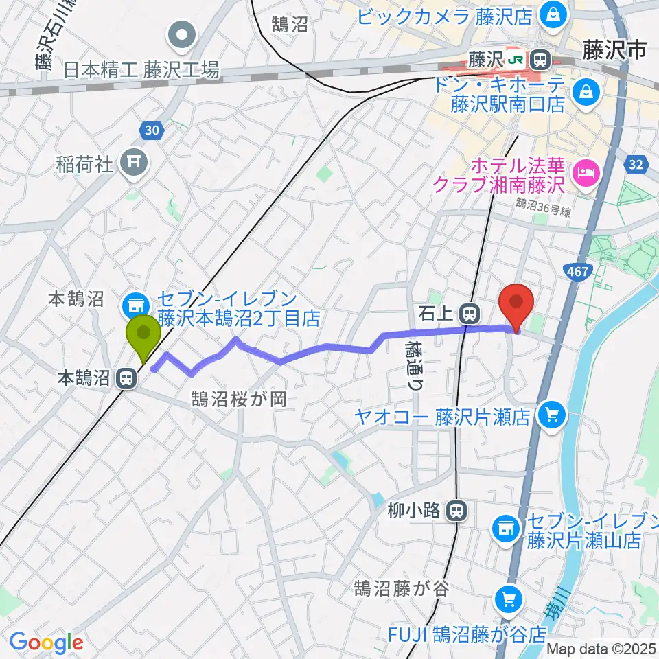 本鵠沼駅からスズキ・メソード音楽教室 湘南センターへのルートマップ地図