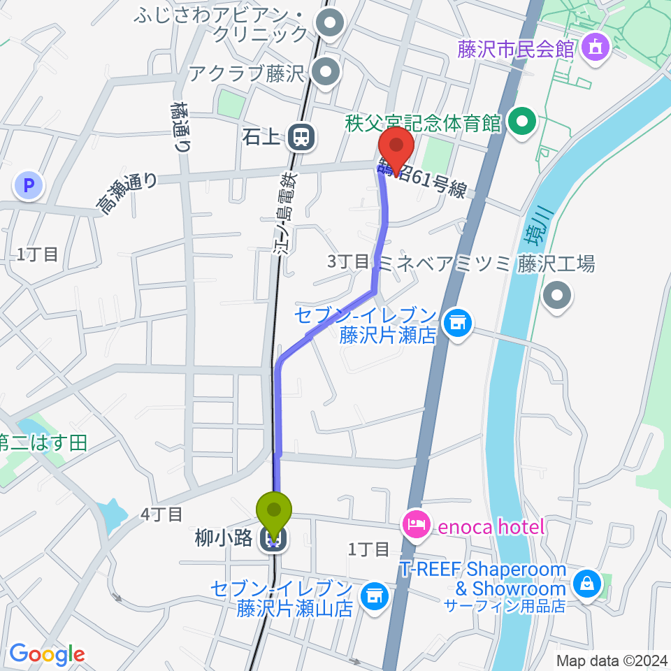 柳小路駅からスズキ・メソード音楽教室 湘南センターへのルートマップ地図