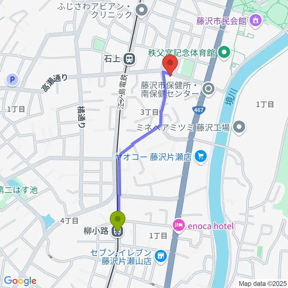 柳小路駅からスズキ・メソード音楽教室 湘南センターへのルートマップ地図