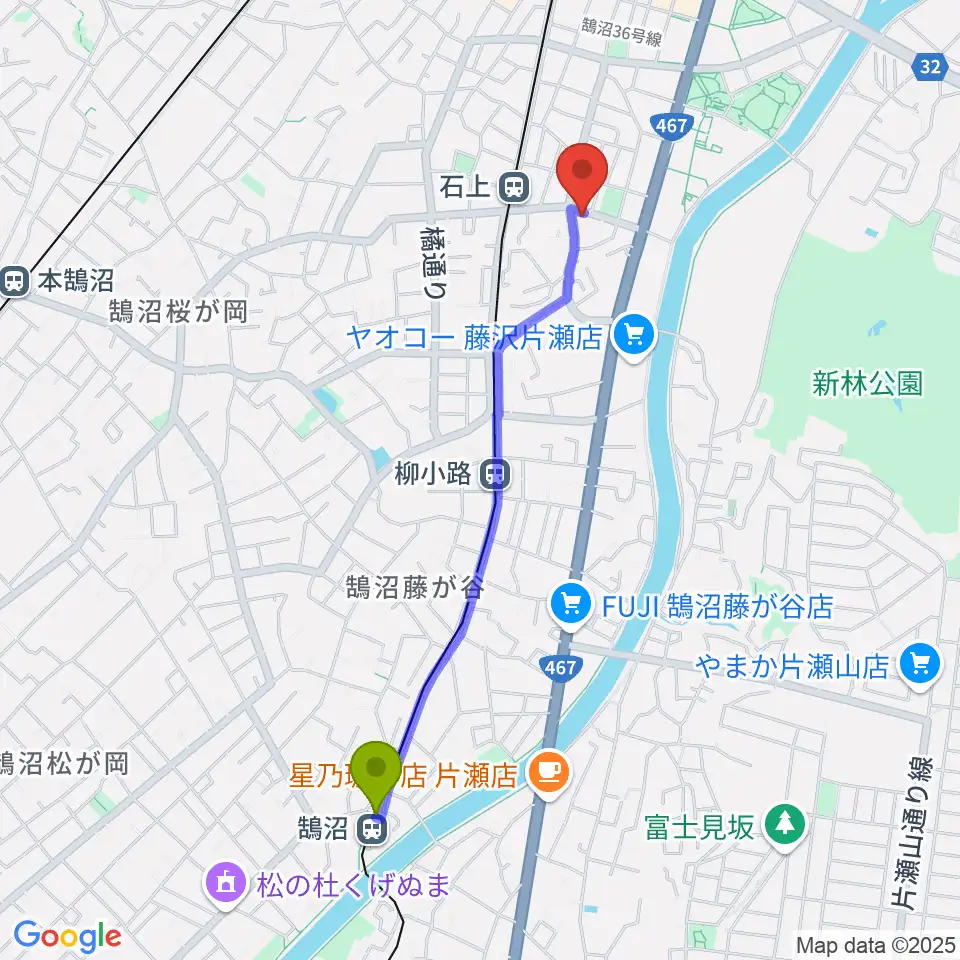 鵠沼駅からスズキ・メソード音楽教室 湘南センターへのルートマップ地図