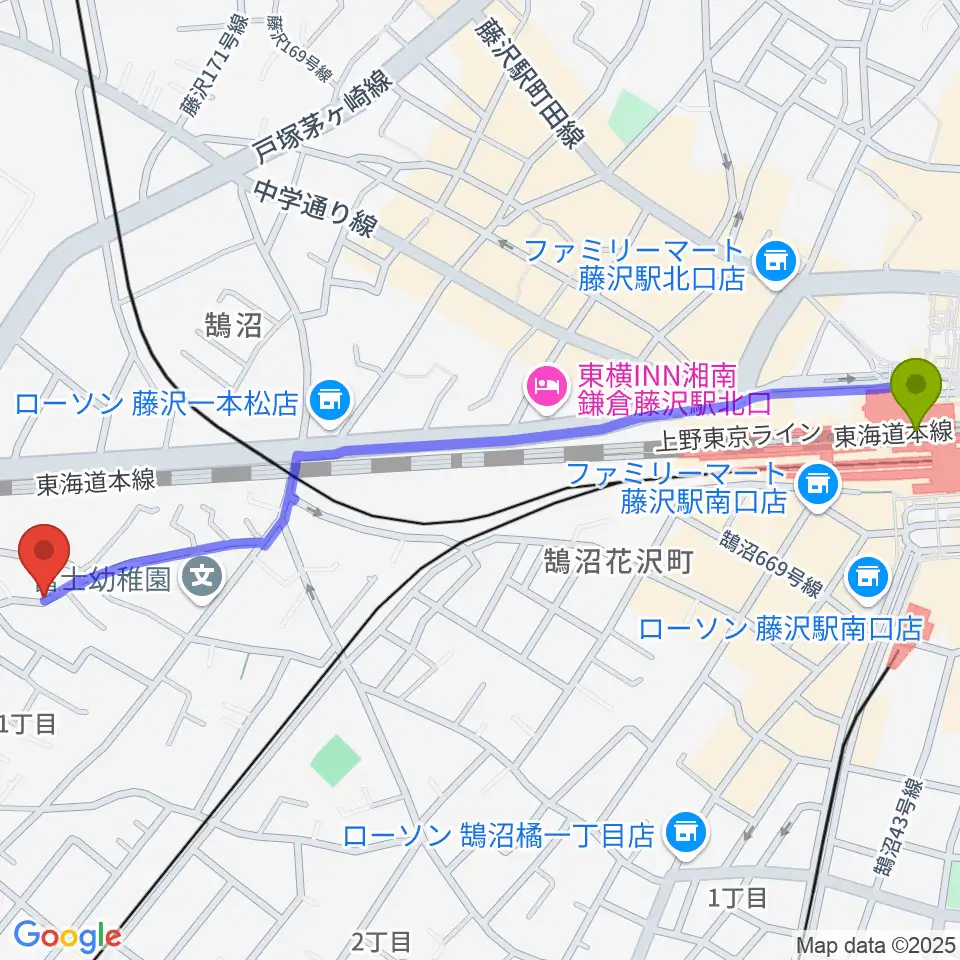 藤沢駅から西尾真理のぴあの教室へのルートマップ地図