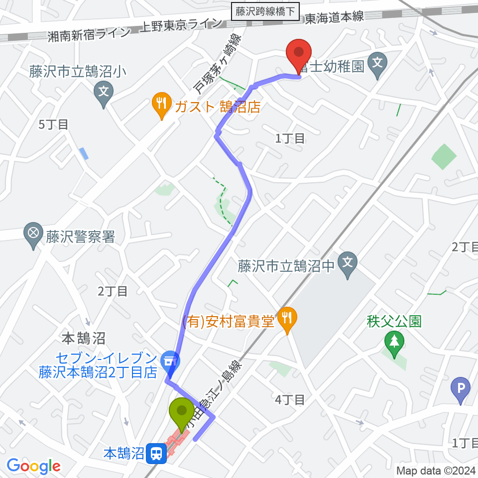 西尾真理のぴあの教室の最寄駅本鵠沼駅からの徒歩ルート（約12分）地図