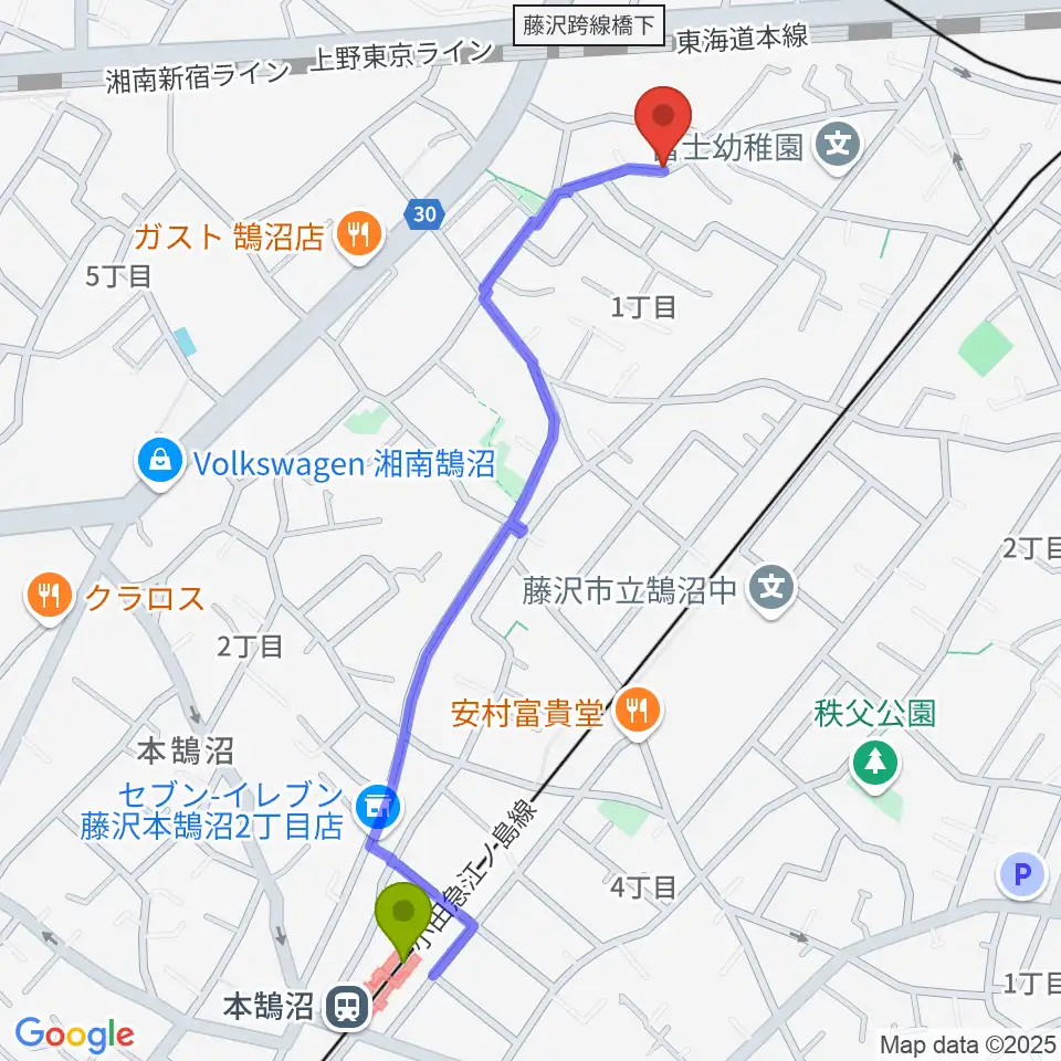 西尾真理のぴあの教室の最寄駅本鵠沼駅からの徒歩ルート（約12分）地図