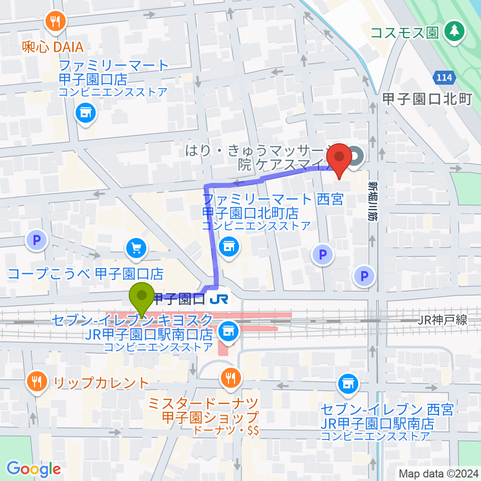 Musicぽえむ音楽教室の最寄駅甲子園口駅からの徒歩ルート（約4分）地図