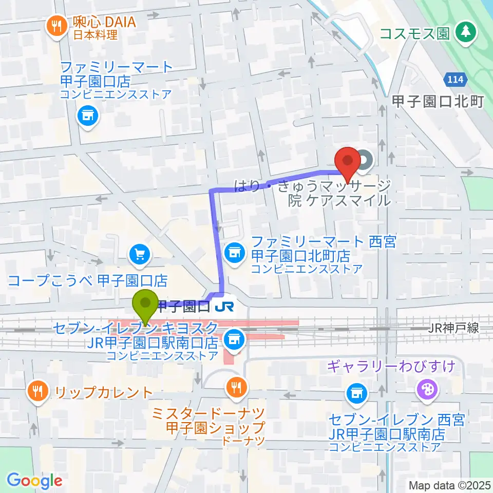 Musicぽえむ音楽教室の最寄駅甲子園口駅からの徒歩ルート（約4分）地図