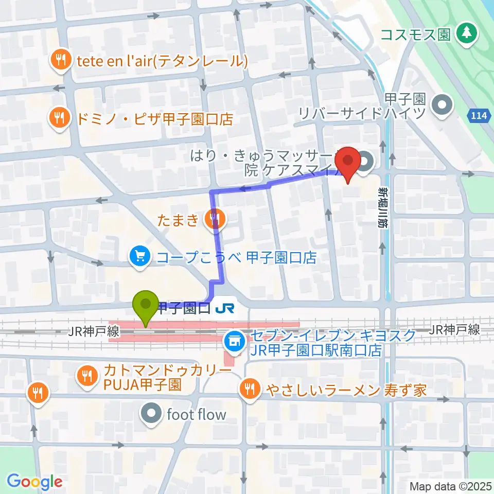 Musicぽえむ音楽教室の最寄駅甲子園口駅からの徒歩ルート（約4分）地図