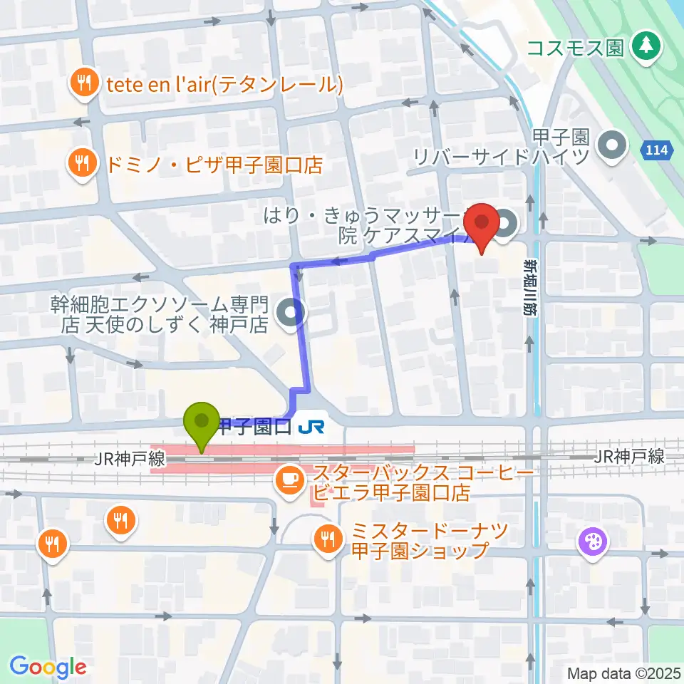 Musicぽえむ音楽教室の最寄駅甲子園口駅からの徒歩ルート（約4分）地図