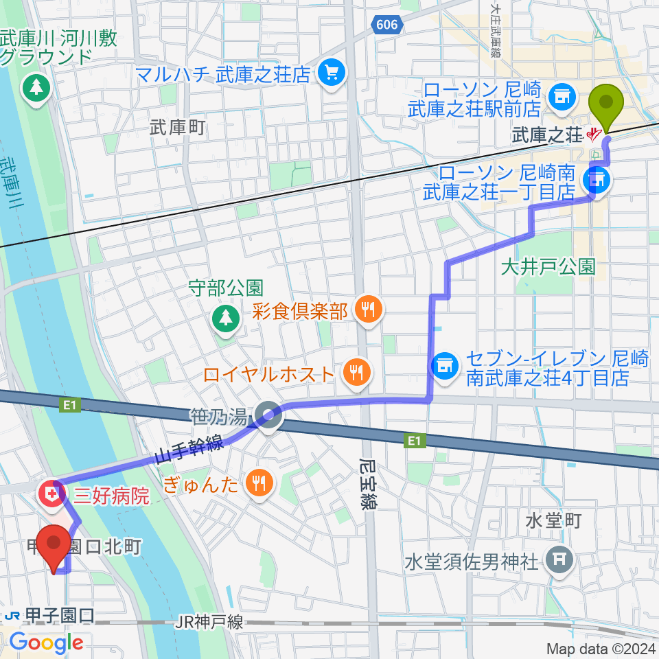 武庫之荘駅からMusicぽえむ音楽教室へのルートマップ地図