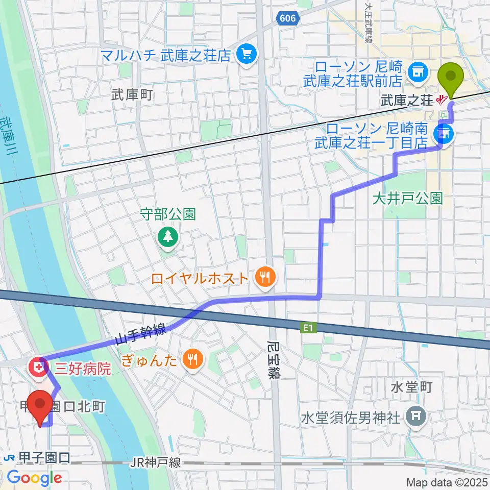 武庫之荘駅からMusicぽえむ音楽教室へのルートマップ地図